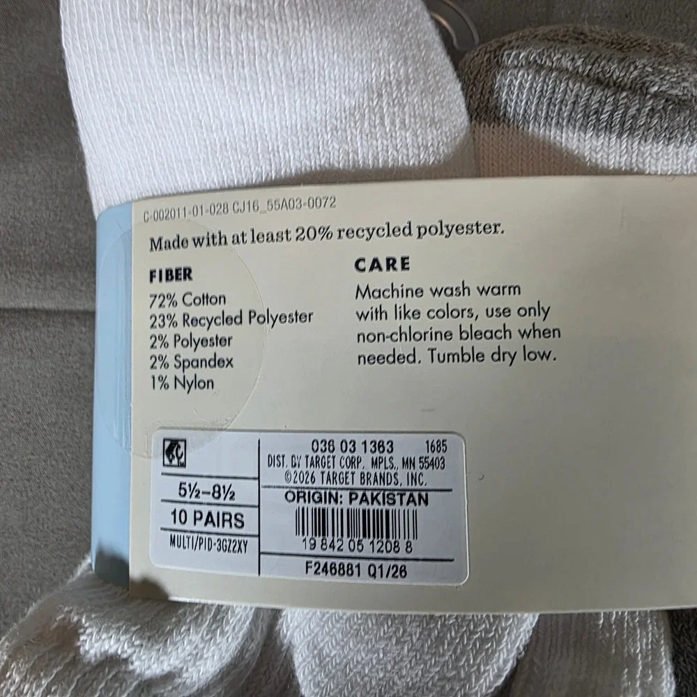 Cat & Jack Girls Ankle Socks 10 Pair Pack White Pink Blue Grey Size S 5.5-8.5